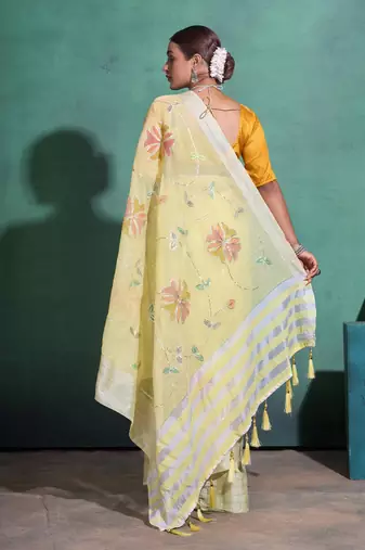 Yellow Printed Linen Bollywood Sarees With Blouse
