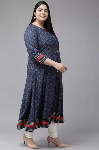 Women'S Plus Size Floral Printed Anarkali Kurti (Blue)