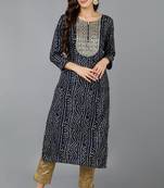 Women navy-blue embroidered rayon ethnic kurti