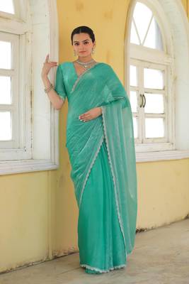 Sea Green Embroidered Tussar Silk Bollywood Sarees With Blouse 2