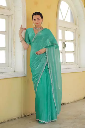 Sea Green Embroidered Tussar Silk Bollywood Sarees With Blouse