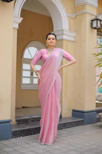 Pink Embroidered Tussar Silk Bollywood Sarees With Blouse