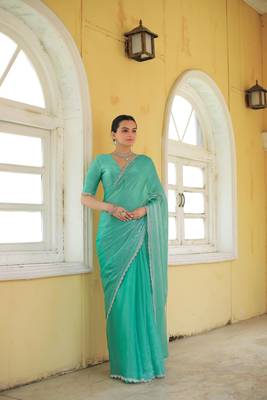 Sea Green Embroidered Tussar Silk Bollywood Sarees With Blouse 1