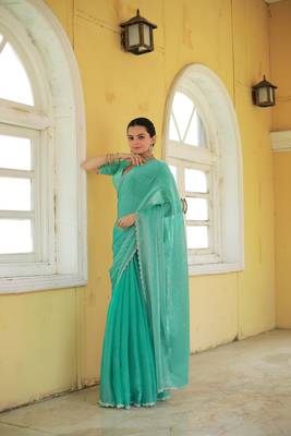 Sea Green Embroidered Tussar Silk Bollywood Sarees With Blouse 3