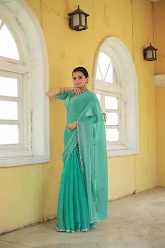 Sea Green Embroidered Tussar Silk Bollywood Sarees With Blouse
