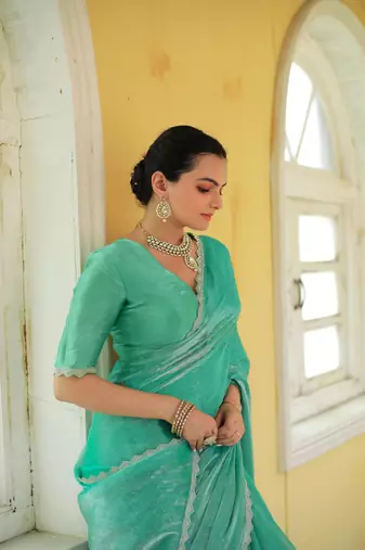 Sea Green Embroidered Tussar Silk Bollywood Sarees With Blouse