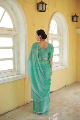 Sea Green Embroidered Tussar Silk Bollywood Sarees With Blouse 5