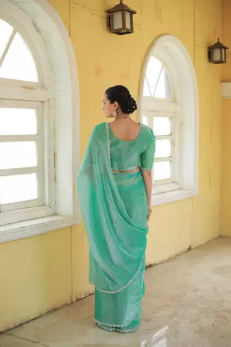 Sea Green Embroidered Tussar Silk Bollywood Sarees With Blouse