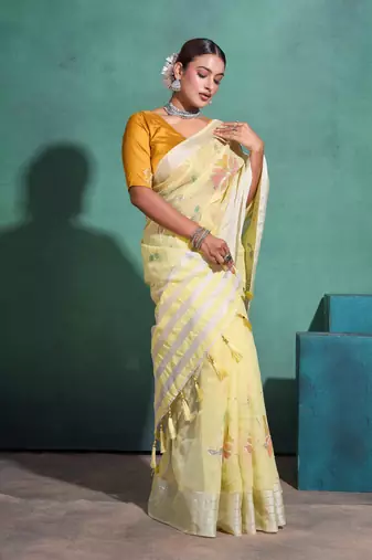 Yellow Printed Linen Bollywood Sarees With Blouse
