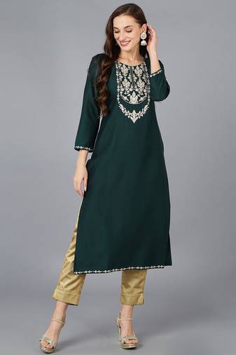 Women green embroidered silk ethnic kurti