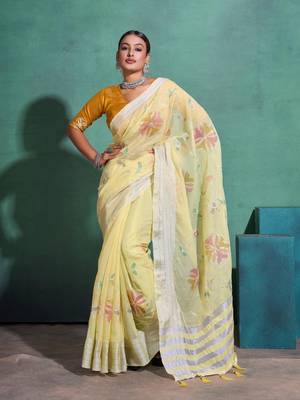Yellow Printed Linen Bollywood Sarees With Blouse 5