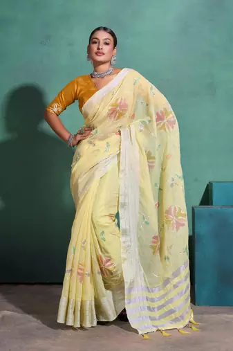 Yellow Printed Linen Bollywood Sarees With Blouse
