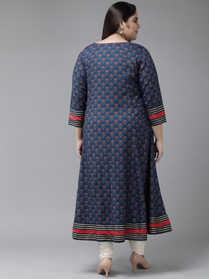 Women'S Plus Size Floral Printed Anarkali Kurti (Blue) 4