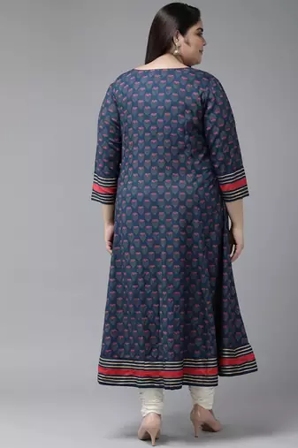 Women'S Plus Size Floral Printed Anarkali Kurti (Blue)