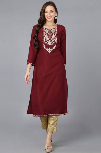 Women maroon embroidered silk ethnic kurti