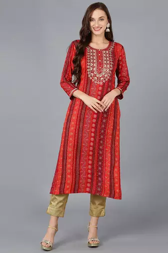 Women red embroidered rayon ethnic kurti