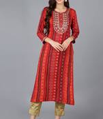 Women red embroidered rayon ethnic kurti