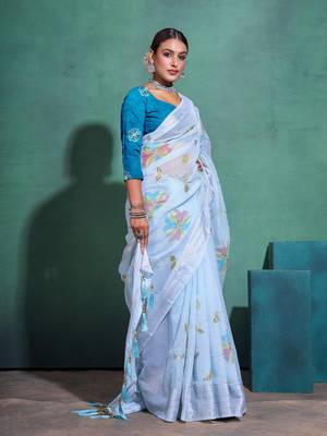 Light Blue Printed Linen Bollywood Sarees With Blouse 1