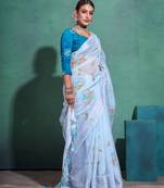 Light Blue Printed Linen Bollywood Sarees With Blouse