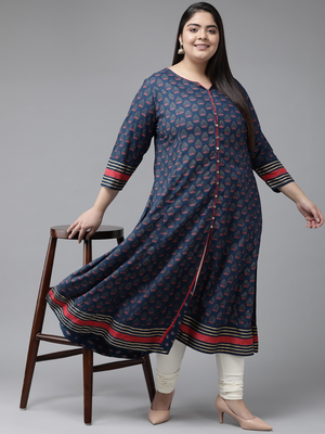 Women'S Plus Size Floral Printed Anarkali Kurti (Blue) 5