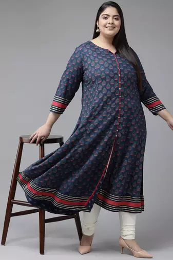 Women'S Plus Size Floral Printed Anarkali Kurti (Blue)