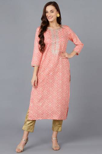 Women peach embroidered silk ethnic kurti