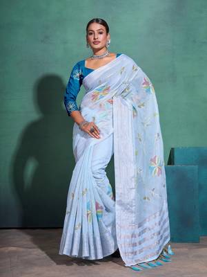 Light Blue Printed Linen Bollywood Sarees With Blouse 2