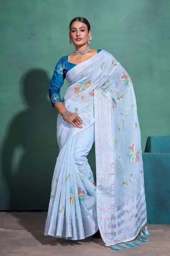 Light Blue Printed Linen Bollywood Sarees With Blouse
