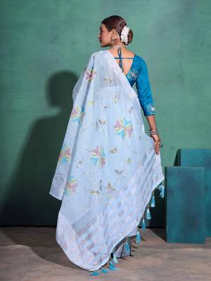 Light Blue Printed Linen Bollywood Sarees With Blouse 3
