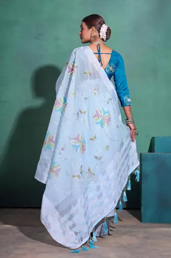 Light Blue Printed Linen Bollywood Sarees With Blouse