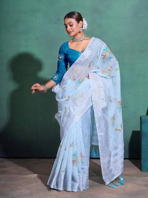 Light Blue Printed Linen Bollywood Sarees With Blouse 4