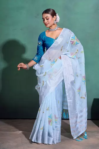 Light Blue Printed Linen Bollywood Sarees With Blouse