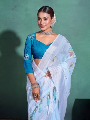 Light Blue Printed Linen Bollywood Sarees With Blouse 5