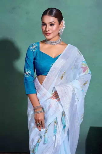 Light Blue Printed Linen Bollywood Sarees With Blouse