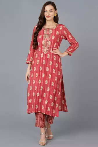 Women red embroidered silk ethnic kurti