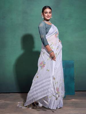 Light Grey Printed Linen Bollywood Sarees With Blouse 1