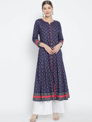 Women'S Floral Printed Anarkali Kurti (Blue) 1