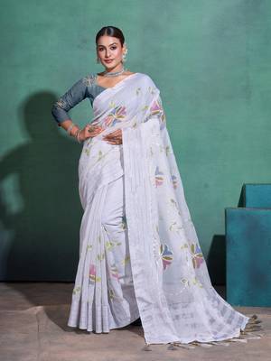Light Grey Printed Linen Bollywood Sarees With Blouse 2