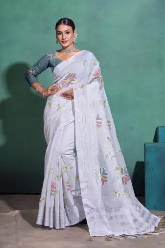 Light Grey Printed Linen Bollywood Sarees With Blouse