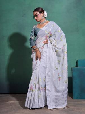 Light Grey Printed Linen Bollywood Sarees With Blouse 3