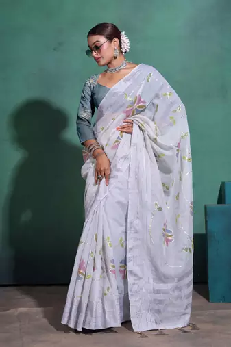 Light Grey Printed Linen Bollywood Sarees With Blouse