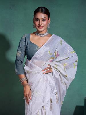 Light Grey Printed Linen Bollywood Sarees With Blouse 4
