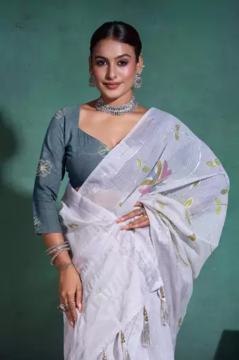 Light Grey Printed Linen Bollywood Sarees With Blouse