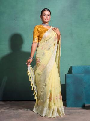 Yellow Printed Linen Bollywood Sarees With Blouse 1