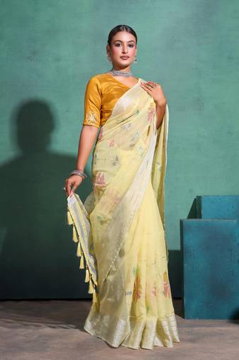 Yellow Printed Linen Bollywood Sarees With Blouse