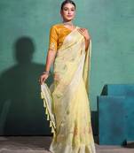 Yellow Printed Linen Bollywood Sarees With Blouse