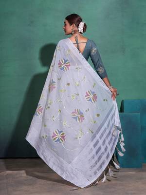 Light Grey Printed Linen Bollywood Sarees With Blouse 5