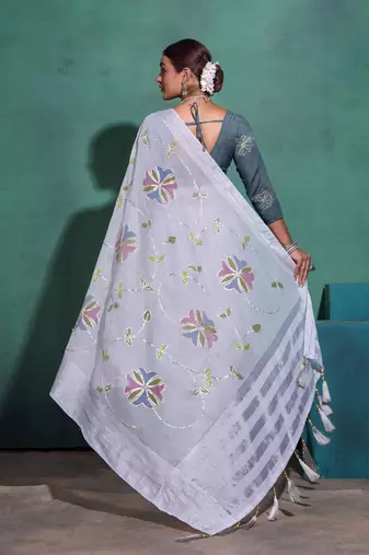 Light Grey Printed Linen Bollywood Sarees With Blouse
