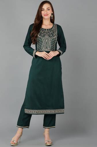 Women green printed silk ethnic kurti