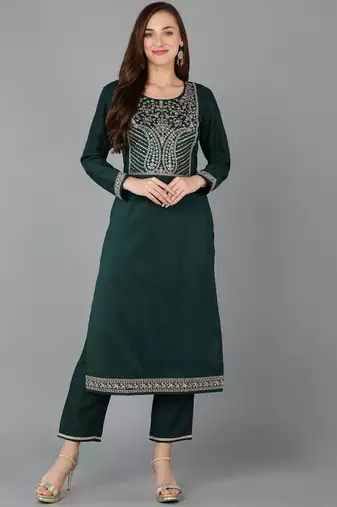 Women green printed silk ethnic kurti